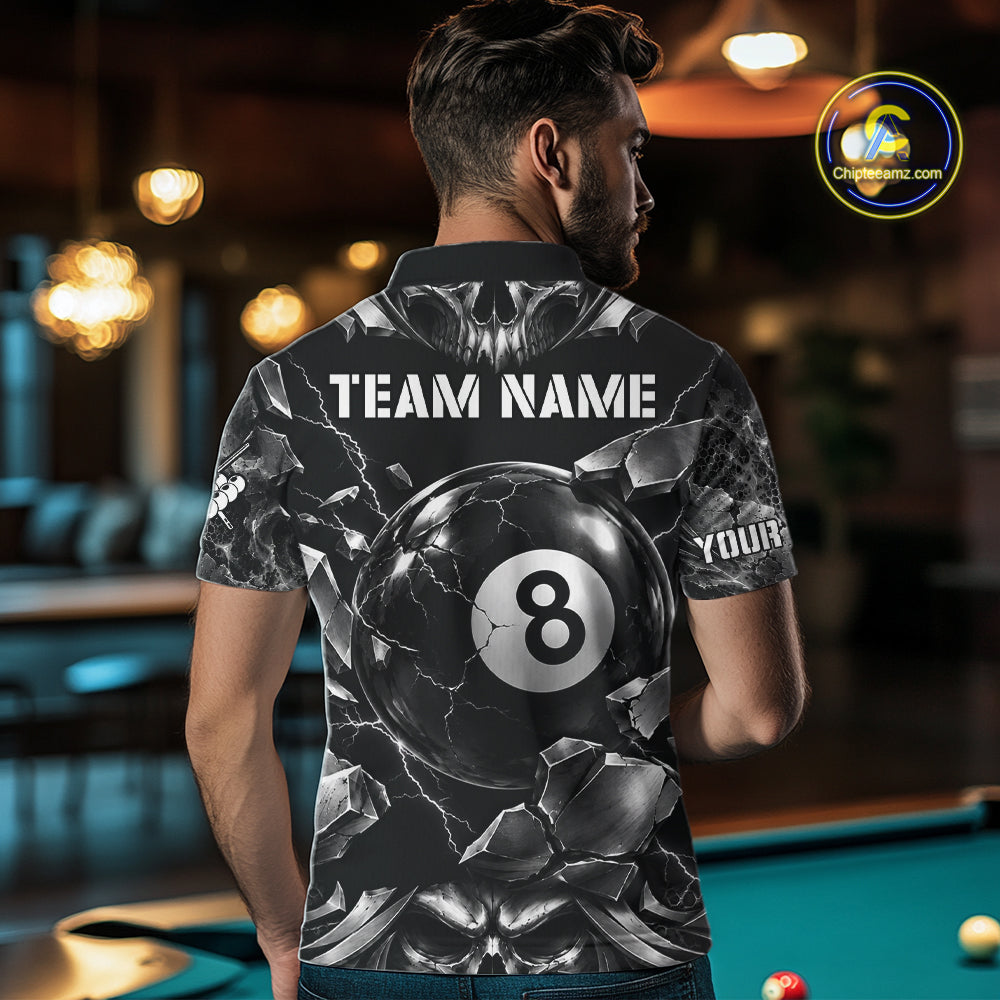 Black And Silver 8 Ball Pool Skull Billiard Shirts For Men Custom Billiard League Team Jersey TDM7776