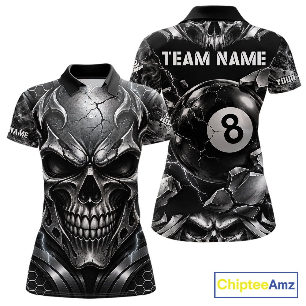 Black And Silver 8 Ball Pool Skull Billiard Shirts For Women Custom Billiard League Team Jersey TDM7776