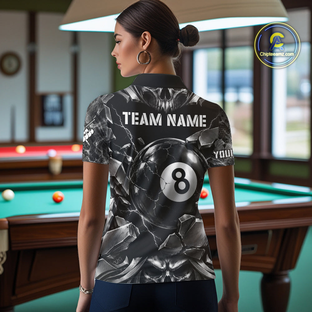 Black And Silver 8 Ball Pool Skull Billiard Shirts For Women Custom Billiard League Team Jersey TDM7776