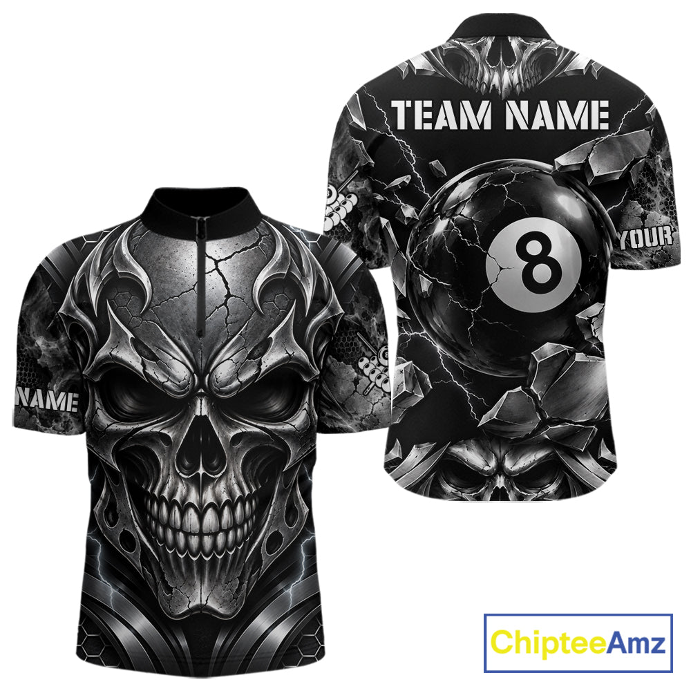 Black And Silver 8 Ball Pool Skull Billiard Shirts For Men Custom Billiard League Team Jersey TDM7776