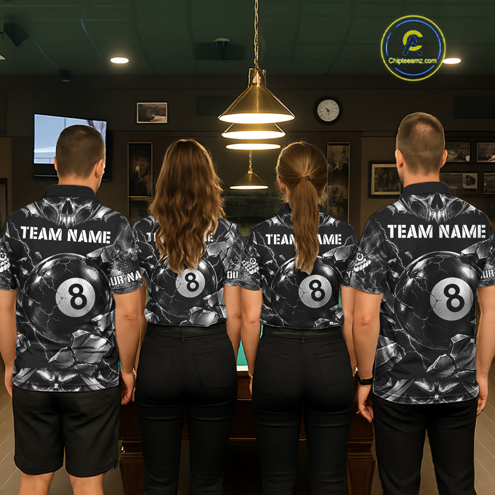Black And Silver 8 Ball Pool Skull Billiard Shirts For Men Custom Billiard League Team Jersey TDM7776