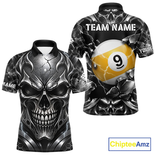 Black And Silver 9 Ball Pool Skull Billiard Shirts For Men Custom Billiard League Team Jersey TDM7777