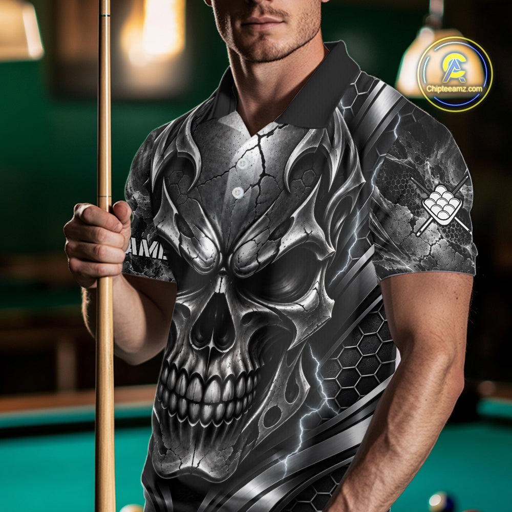 Black And Silver 9 Ball Pool Skull Billiard Shirts For Men Custom Billiard League Team Jersey TDM7777