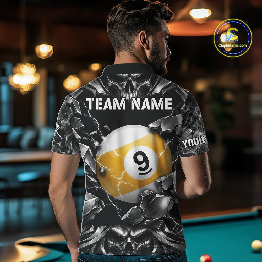 Black And Silver 9 Ball Pool Skull Billiard Shirts For Men Custom Billiard League Team Jersey TDM7777