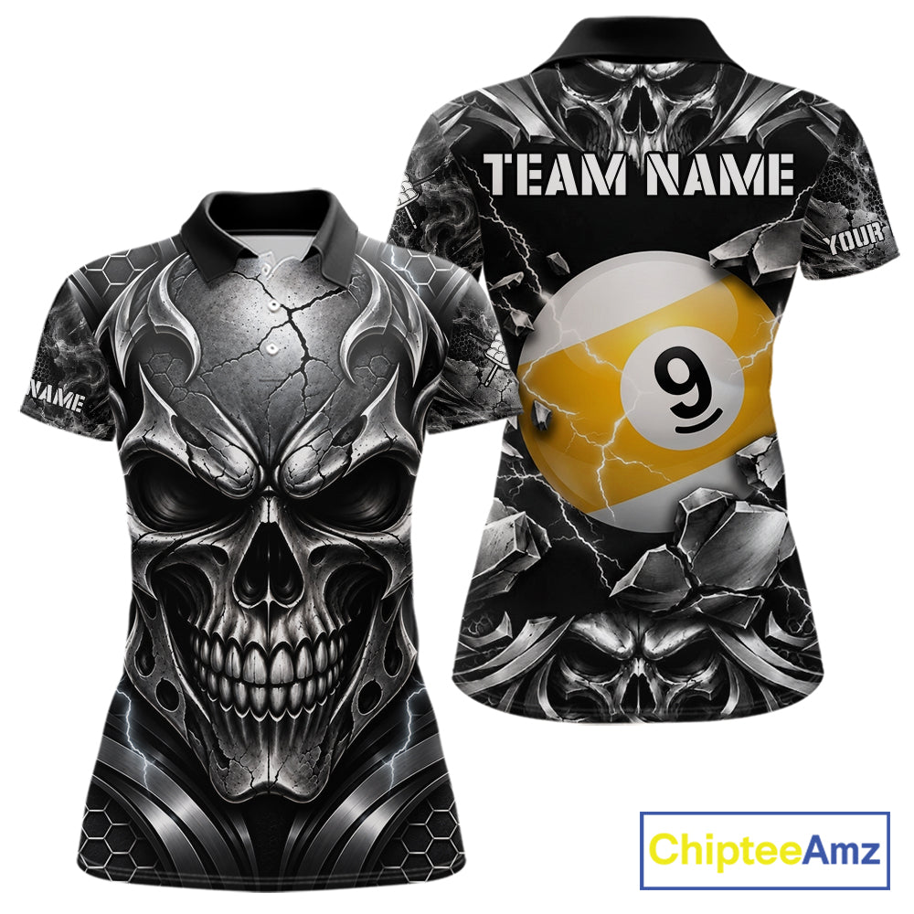 Black And Silver 9 Ball Pool Skull Billiard Shirts For Women Custom Billiard League Team Jersey TDM7777