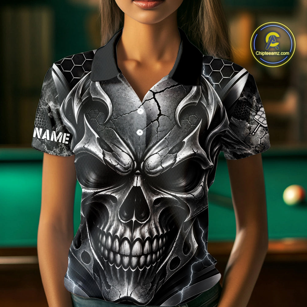Black And Silver 9 Ball Pool Skull Billiard Shirts For Women Custom Billiard League Team Jersey TDM7777