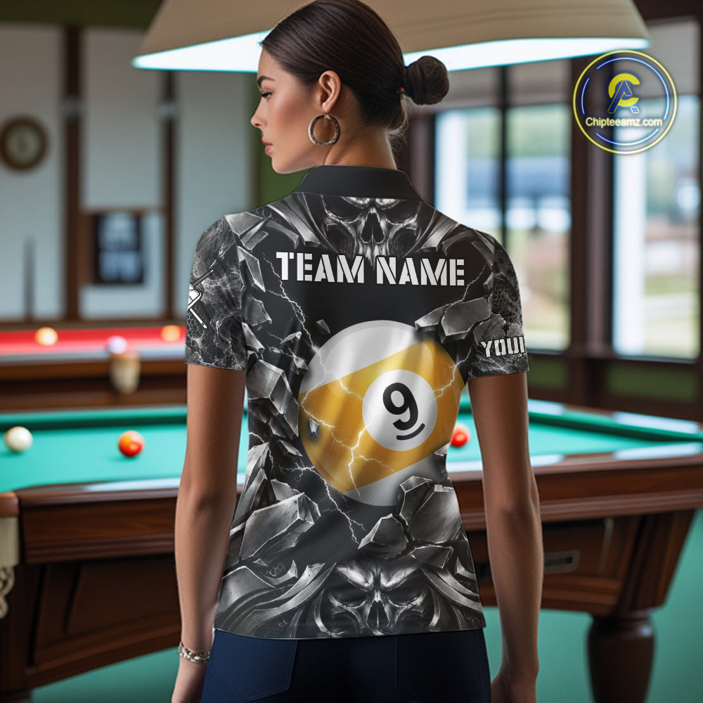 Black And Silver 9 Ball Pool Skull Billiard Shirts For Women Custom Billiard League Team Jersey TDM7777