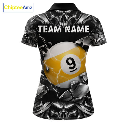 Black And Silver 9 Ball Pool Skull Billiard Shirts For Women Custom Billiard League Team Jersey TDM7777