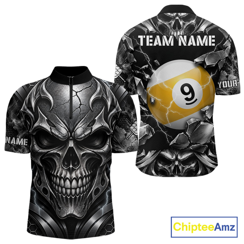 Black And Silver 9 Ball Pool Skull Billiard Shirts For Men Custom Billiard League Team Jersey TDM7777