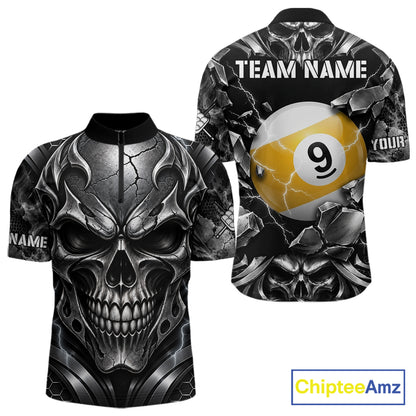 Black And Silver 9 Ball Pool Skull Billiard Shirts For Men Custom Billiard League Team Jersey TDM7777