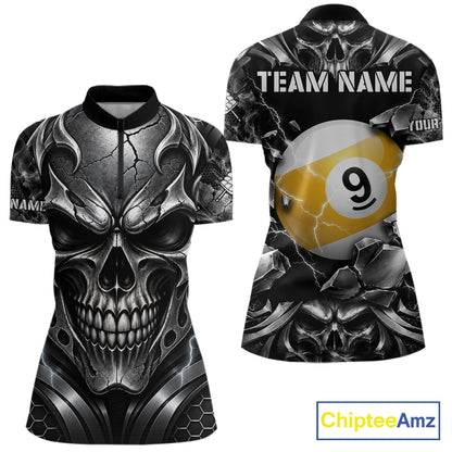 Black And Silver 9 Ball Pool Skull Billiard Shirts For Women Custom Billiard League Team Jersey TDM7777