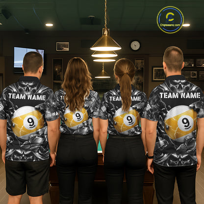 Black And Silver 9 Ball Pool Skull Billiard Shirts For Men Custom Billiard League Team Jersey TDM7777