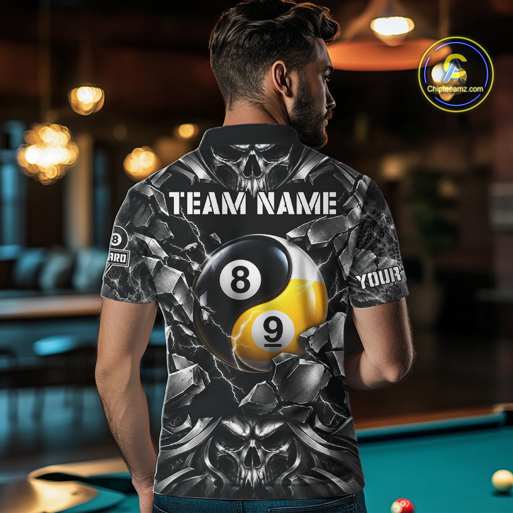 Black And Silver Yin-Yang Skull Billiard Shirts For Men Custom 8 Ball & 9 Ball Pool Team Jersey TDM7778