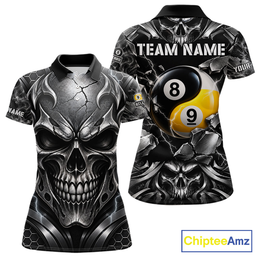 Black And Silver Yin-Yang Skull Billiard Shirts For Women Custom 8 Ball & 9 Ball Pool Team Jersey TDM7778
