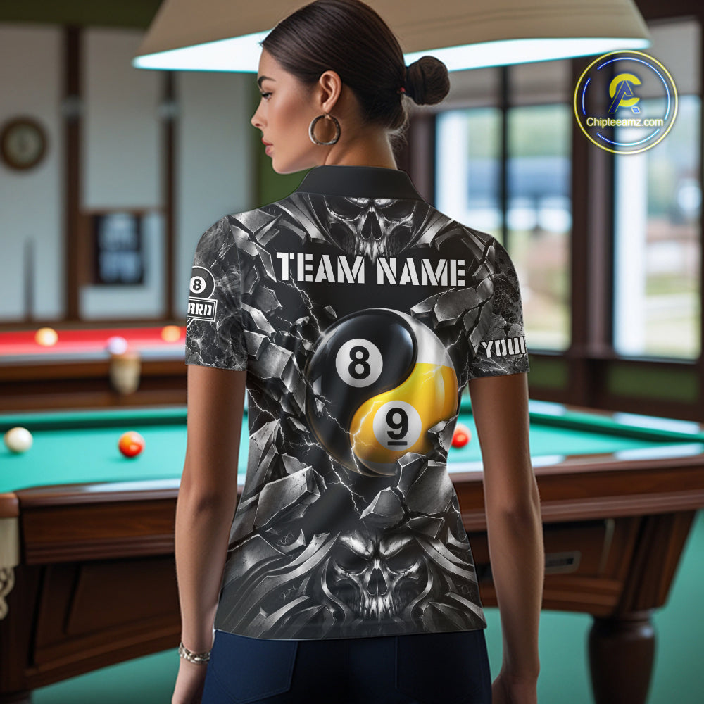 Black And Silver Yin-Yang Skull Billiard Shirts For Women Custom 8 Ball & 9 Ball Pool Team Jersey TDM7778