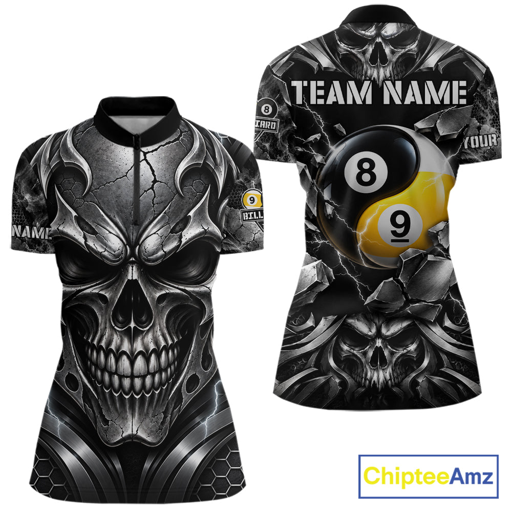 Black And Silver Yin-Yang Skull Billiard Shirts For Women Custom 8 Ball & 9 Ball Pool Team Jersey TDM7778