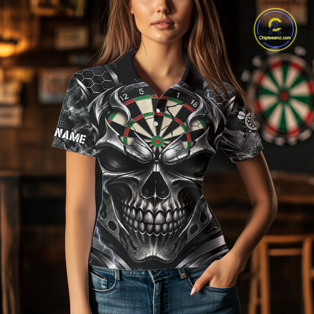 Black And Silver Dartboard Skull Darts Shirts For Women Custom Darts League Team Jersey TDM7779
