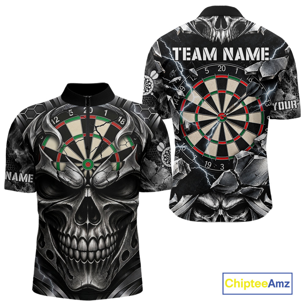 Black And Silver Dartboard Skull Darts Shirts For Men Custom Darts League Team Jersey TDM7779