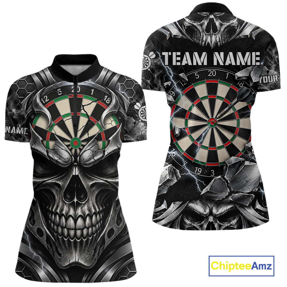 Black And Silver Dartboard Skull Darts Shirts For Women Custom Darts League Team Jersey TDM7779