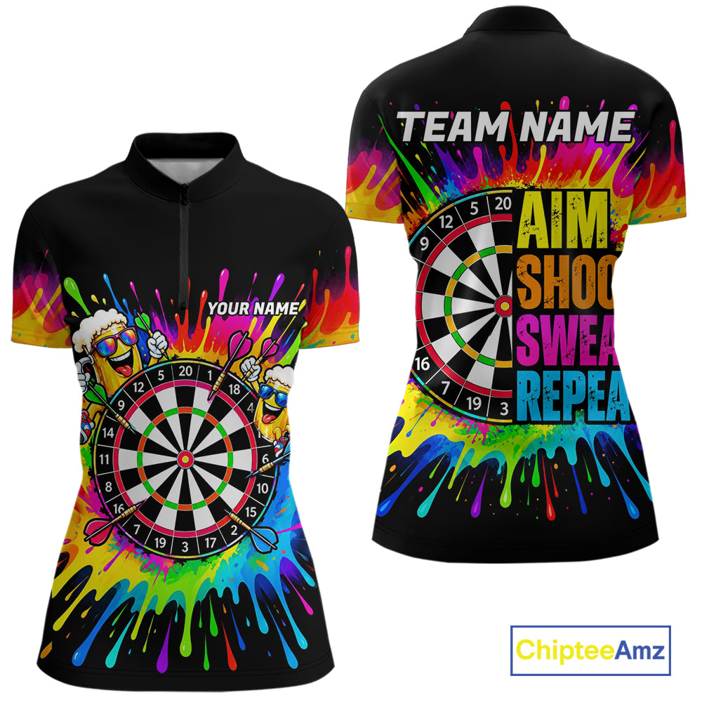 Personalized Colorful Beer Darts Jersey Aim Shoot Swear Repeat Darts Team Shirt For Women Dart Gift TDM7782