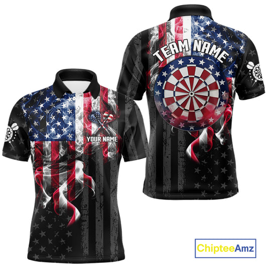 Custom American Flag Smoke Darts Shirt For Men, Patriotic Darts Team Jersey Polo & Quarter Zip TDM7785