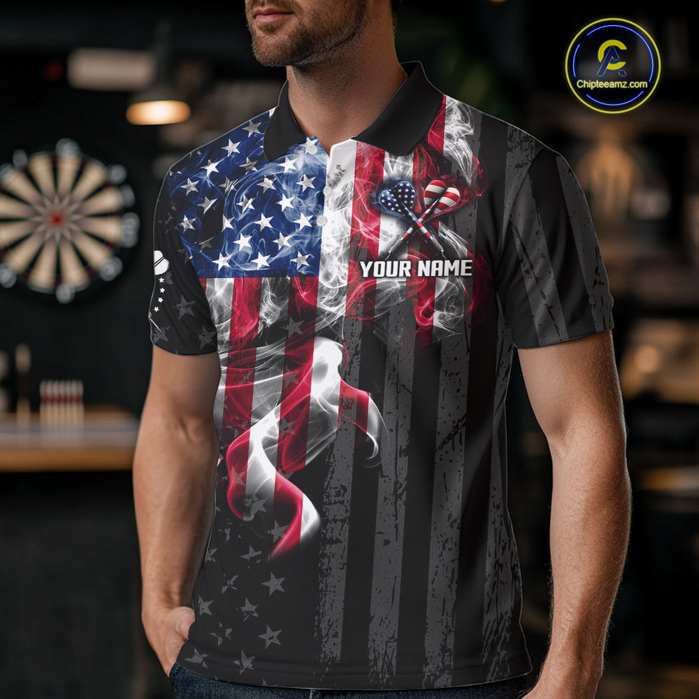Custom American Flag Smoke Darts Shirt For Men, Patriotic Darts Team Jersey Polo & Quarter Zip TDM7785