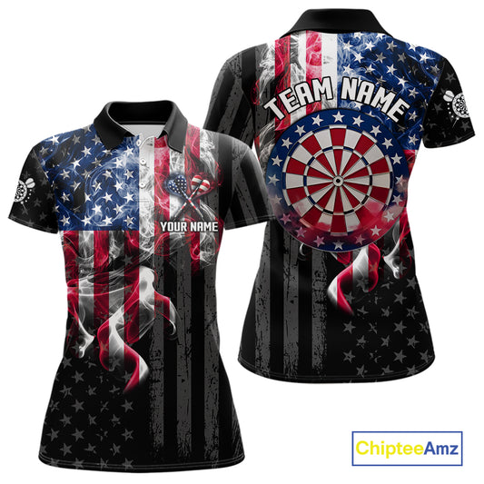 Custom American Flag Smoke Darts Shirt For Women, Patriotic Darts Team Jersey Polo & Quarter Zip TDM7785