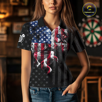 Custom American Flag Smoke Darts Shirt For Women, Patriotic Darts Team Jersey Polo & Quarter Zip TDM7785