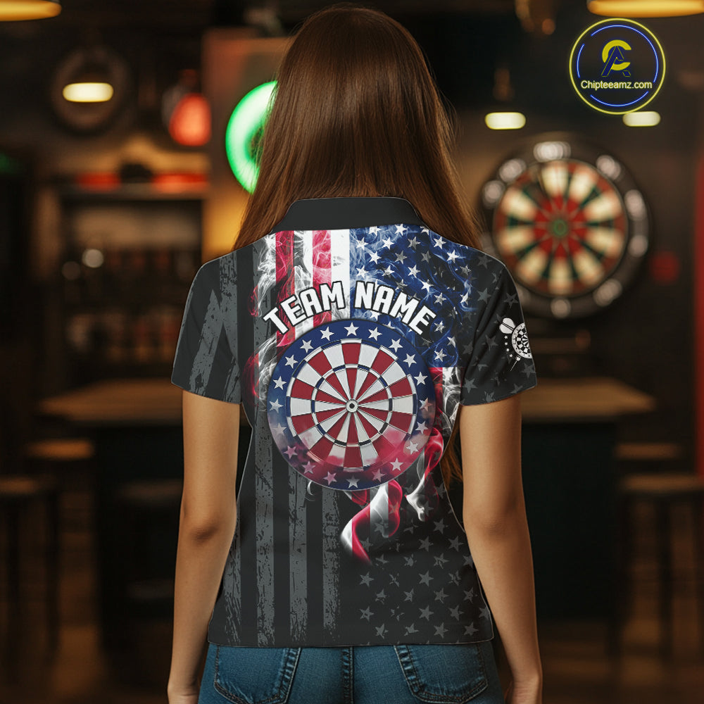 Custom American Flag Smoke Darts Shirt For Women, Patriotic Darts Team Jersey Polo & Quarter Zip TDM7785