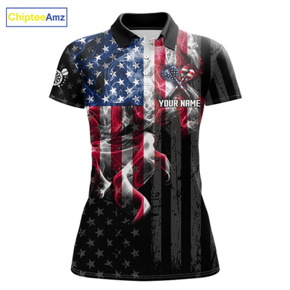 Custom American Flag Smoke Darts Shirt For Women, Patriotic Darts Team Jersey Polo & Quarter Zip TDM7785