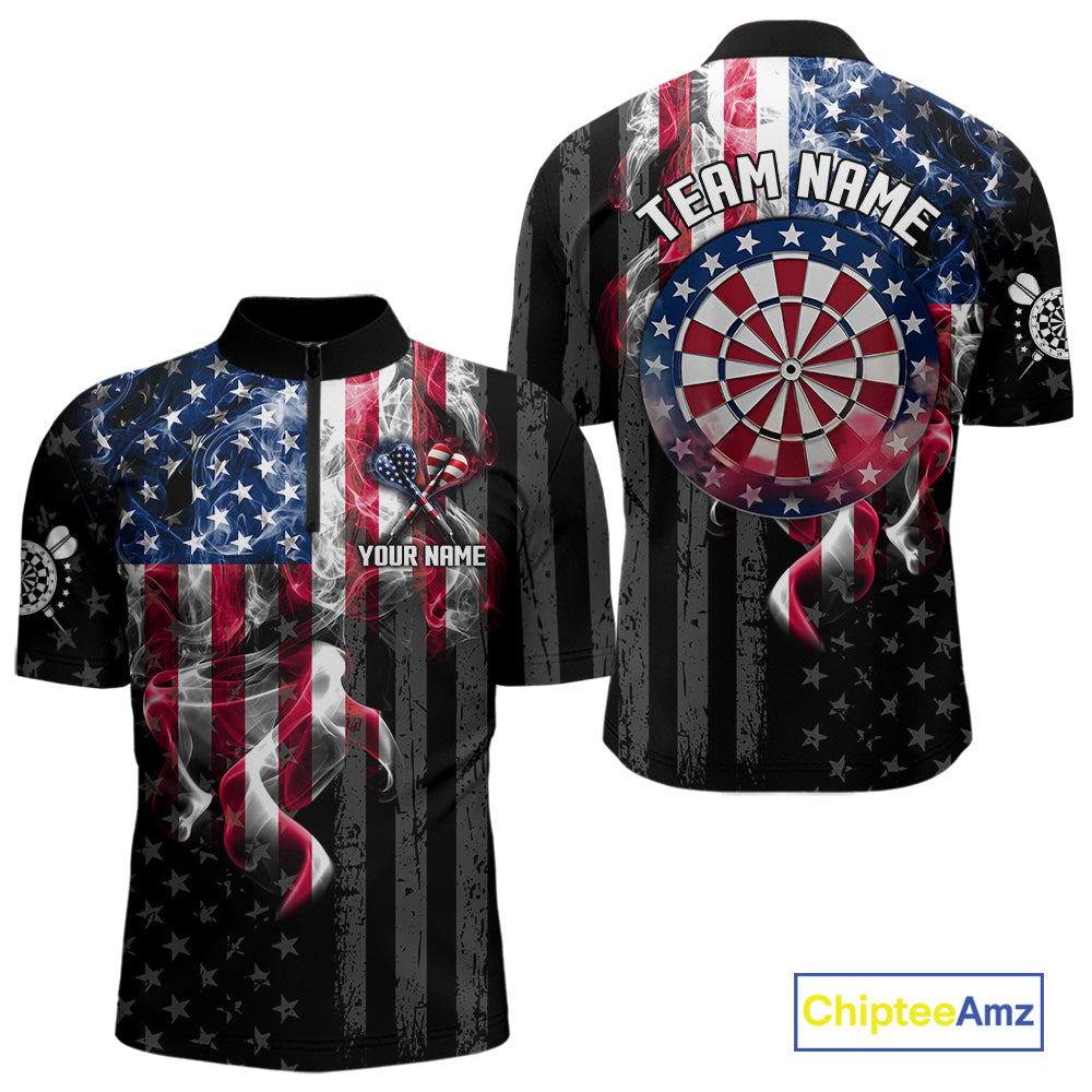 Custom American Flag Smoke Darts Shirt For Men, Patriotic Darts Team Jersey Polo & Quarter Zip TDM7785