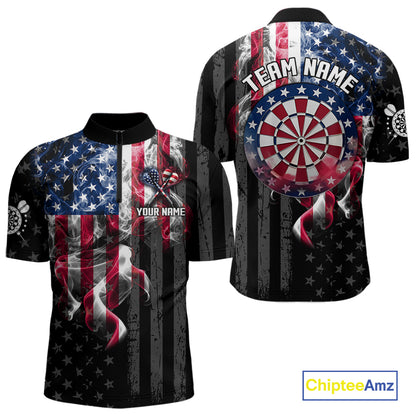 Custom American Flag Smoke Darts Shirt For Men, Patriotic Darts Team Jersey Polo & Quarter Zip TDM7785