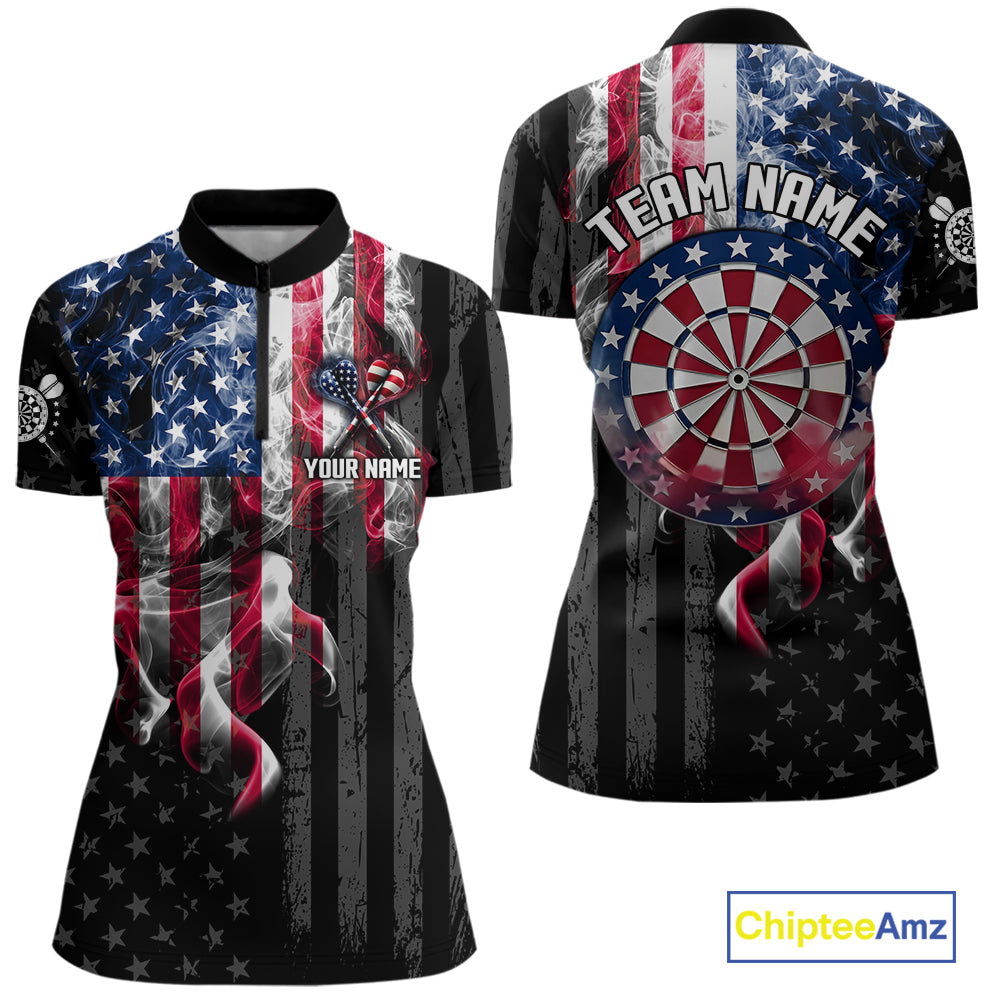 Custom American Flag Smoke Darts Shirt For Women, Patriotic Darts Team Jersey Polo & Quarter Zip TDM7785