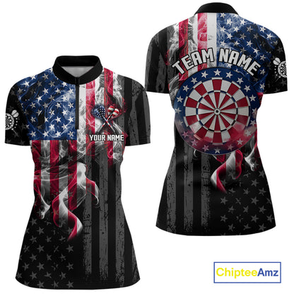 Custom American Flag Smoke Darts Shirt For Women, Patriotic Darts Team Jersey Polo & Quarter Zip TDM7785