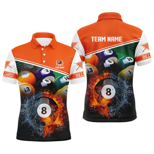 Custom Name Billiard 8 Ball In Fire And Water 3D Orange Men Polo Shirts, Gifts For Billiard Player TDM0491