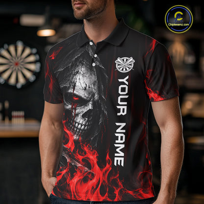 Red Flaming Skull Grim Reaper Dartboard Jersey Custom Darts Team Shirts Polo & 1/4 Zip For Men TDM8129