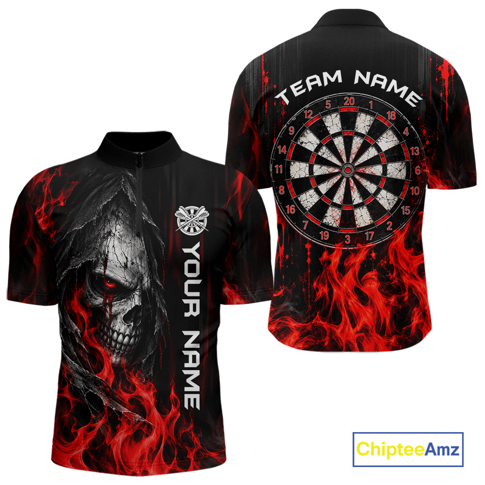 Red Flaming Skull Grim Reaper Dartboard Jersey Custom Darts Team Shirts Polo & 1/4 Zip For Men TDM8129