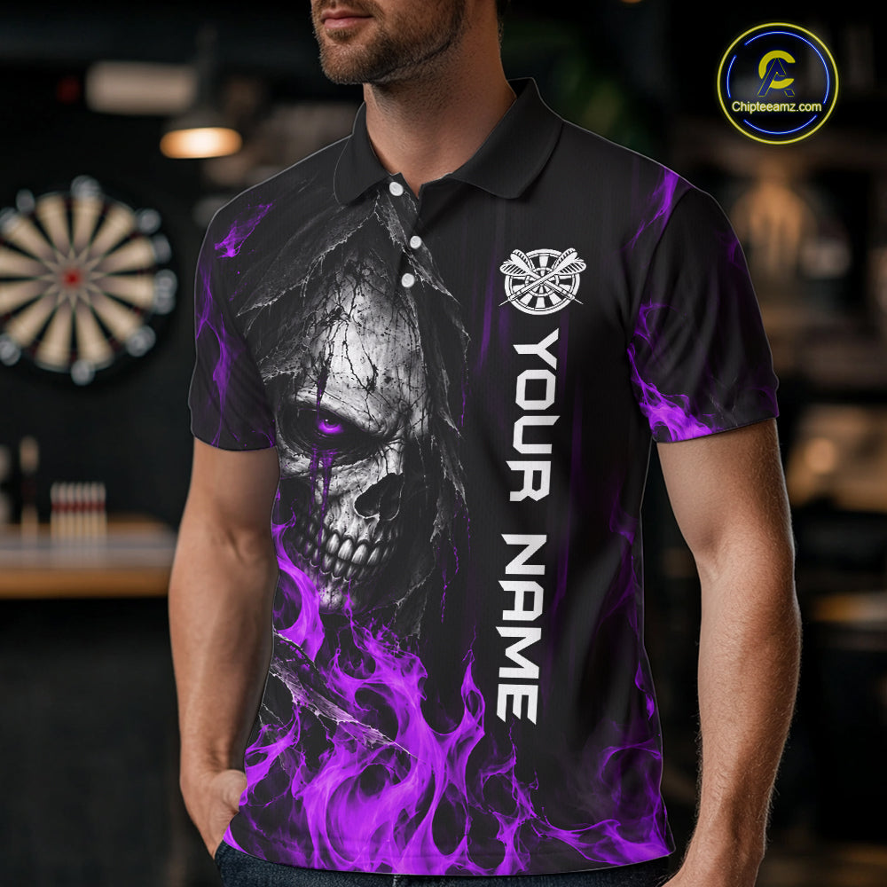 Purple Flaming Skull Grim Reaper Dartboard Jersey Custom Darts Team Shirts Polo & 1/4 Zip For Men TDM8130