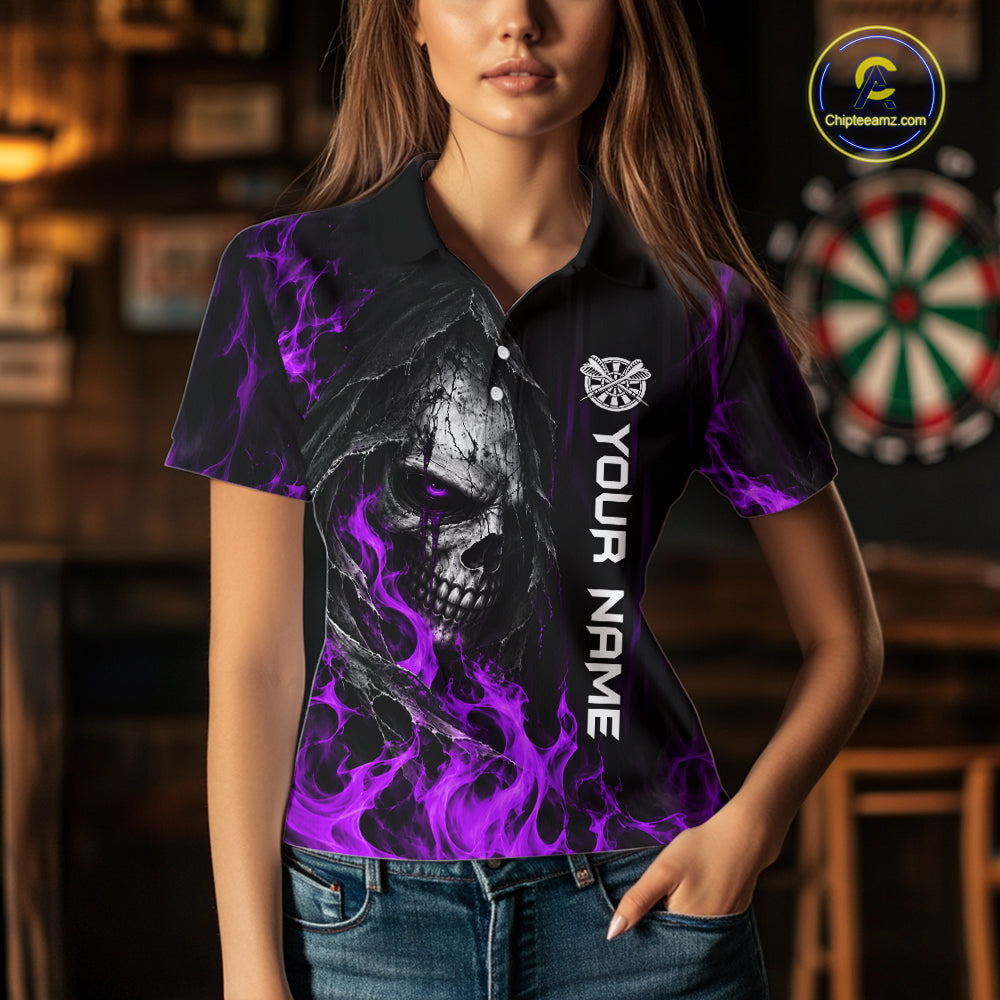 Purple Flaming Skull Grim Reaper Dartboard Jersey Custom Darts Team Shirts Polo & 1/4 Zip For Women TDM8130