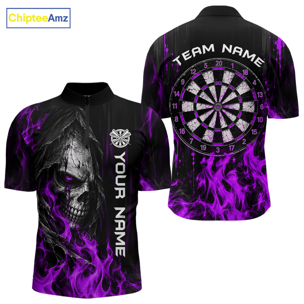 Purple Flaming Skull Grim Reaper Dartboard Jersey Custom Darts Team Shirts Polo & 1/4 Zip For Men TDM8130