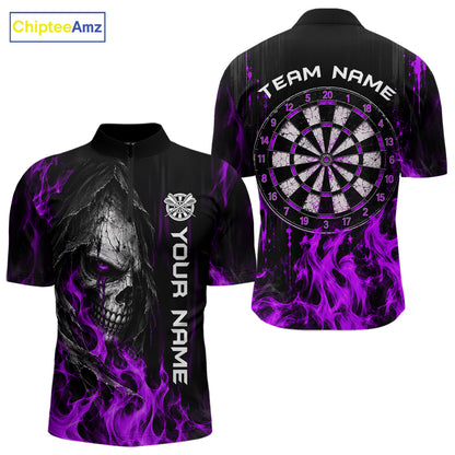 Purple Flaming Skull Grim Reaper Dartboard Jersey Custom Darts Team Shirts Polo & 1/4 Zip For Men TDM8130