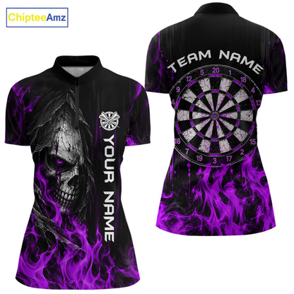Purple Flaming Skull Grim Reaper Dartboard Jersey Custom Darts Team Shirts Polo & 1/4 Zip For Women TDM8130