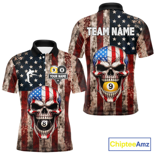 Vintage American Flag Skull 8 Ball 9 Ball Billiard Shirt For Men Custom Patriotic Pool Team Jersey TDM5656