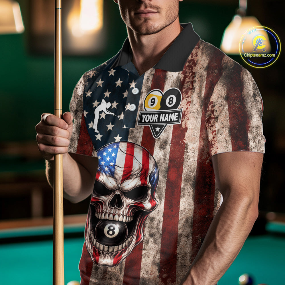 Vintage American Flag Skull 8 Ball 9 Ball Billiard Shirt For Men Custom Patriotic Pool Team Jersey TDM5656