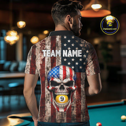 Vintage American Flag Skull 8 Ball 9 Ball Billiard Shirt For Men Custom Patriotic Pool Team Jersey TDM5656