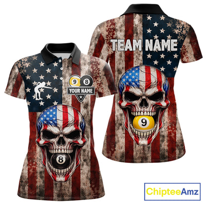 Vintage American Flag Skull 8 Ball 9 Ball Billiard Shirt For Women Custom Patriotic Pool Team Jersey TDM5656