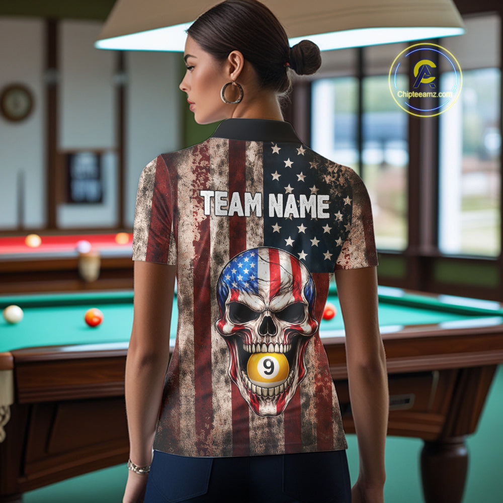 Vintage American Flag Skull 8 Ball 9 Ball Billiard Shirt For Women Custom Patriotic Pool Team Jersey TDM5656