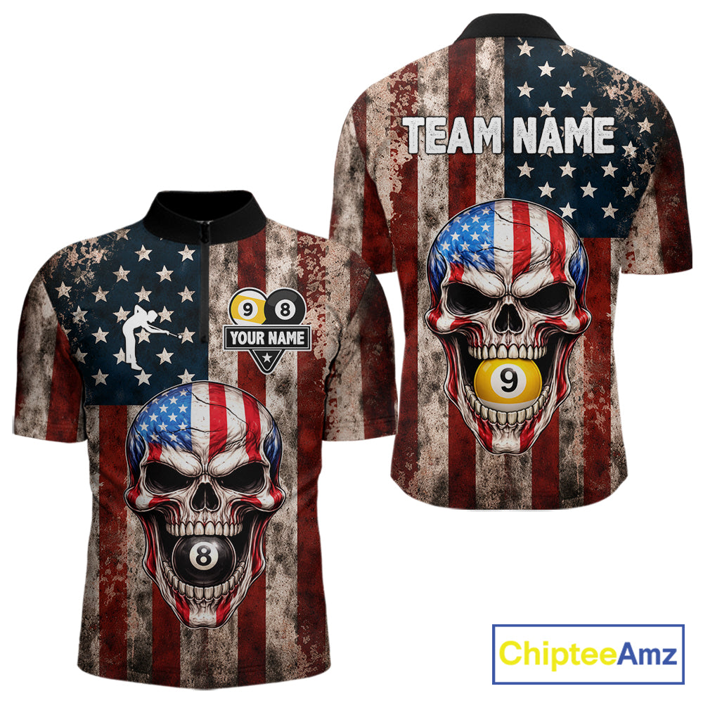 Vintage American Flag Skull 8 Ball 9 Ball Billiard Shirt For Men Custom Patriotic Pool Team Jersey TDM5656