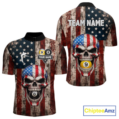 Vintage American Flag Skull 8 Ball 9 Ball Billiard Shirt For Men Custom Patriotic Pool Team Jersey TDM5656