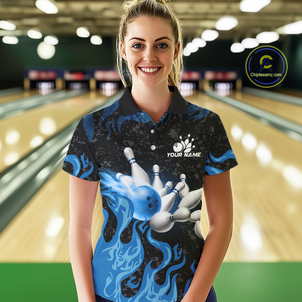 Blue Flaming Bowling Jersey For Women Custom Fire Bowling Pin Team Jersey Polo & Quarter Zip Shirts TDM6267